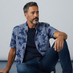 Third & Army Mens Floral Pinstripe Short Sleeve Button‎ Down Shirt Blue Large